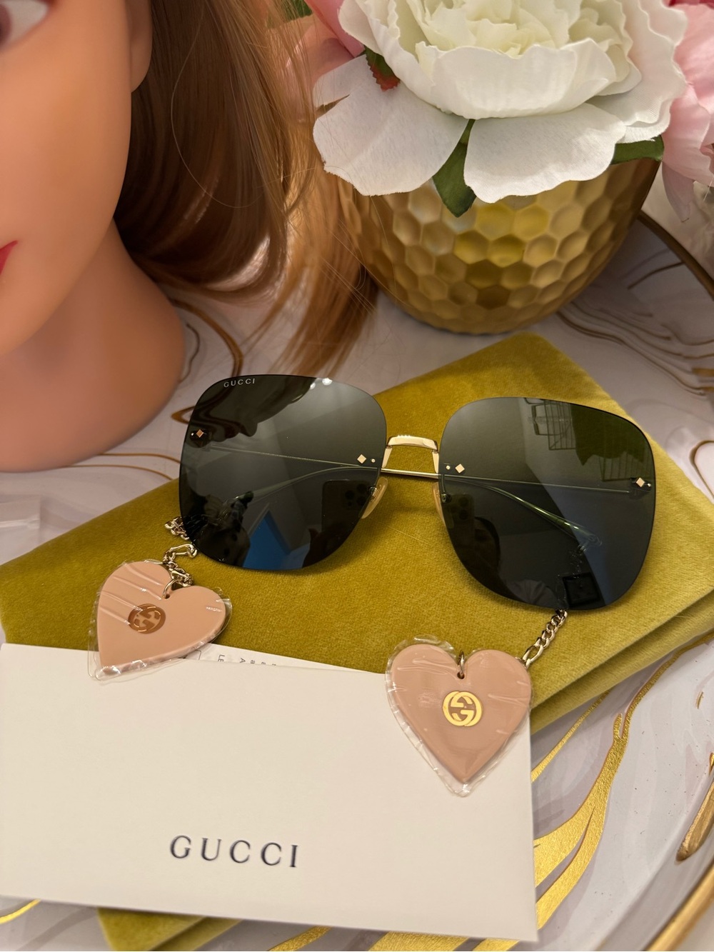 Gucci Sunglasses with Black Lenses and Pink Heart Charm Chain